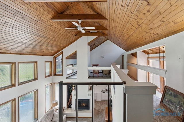 23866 W State Route 579, Curtice, OH 43412 - stairway featuring wooden ceiling, a ceiling fan, plenty of natural light, carpet flooring, and high vaulted ceiling