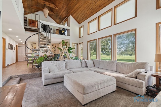 23866 W State Route 579, Curtice, OH 43412 - living room with a wooden ceiling with exposed beams, high vaulted ceiling, recessed lighting, and stairway