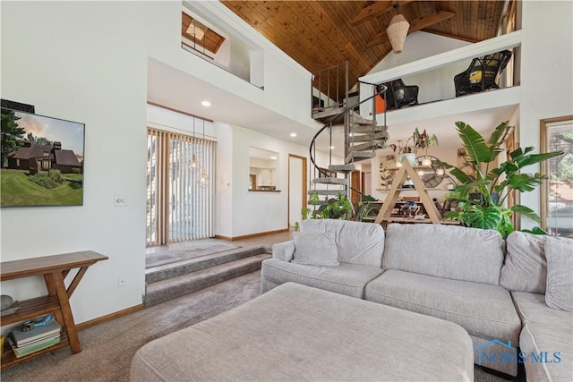 23866 W State Route 579, Curtice, OH 43412 - living area with wooden ceiling, high vaulted ceiling, carpet flooring, healthy amount of natural light, and stairs