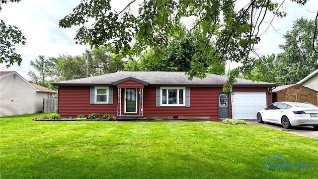 825 Johnson Rd, Paulding, OH 45879 - ranch-style home featuring a garage, asphalt driveway, a front yard, and a shingled roof