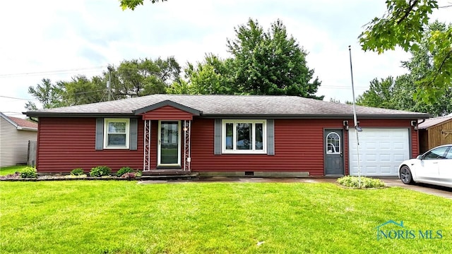 825 Johnson Rd, Paulding, OH 45879 - ranch-style home featuring an attached garage, asphalt driveway, a front lawn, and roof with shingles