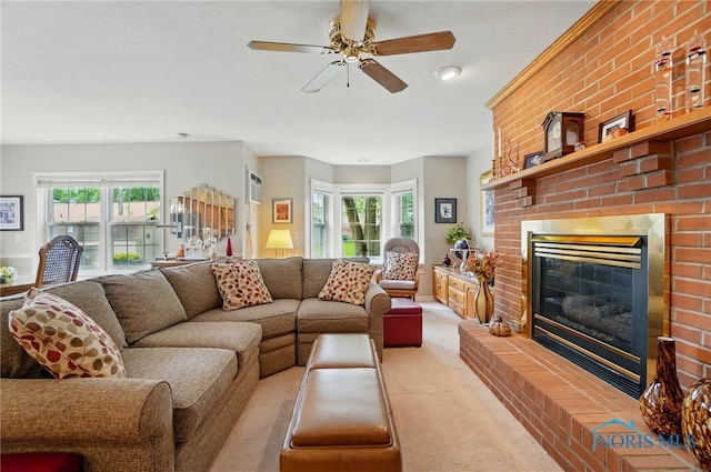 1309 Gettysburg Dr, Maumee, OH 43537 - living area featuring light carpet, a fireplace, and a ceiling fan