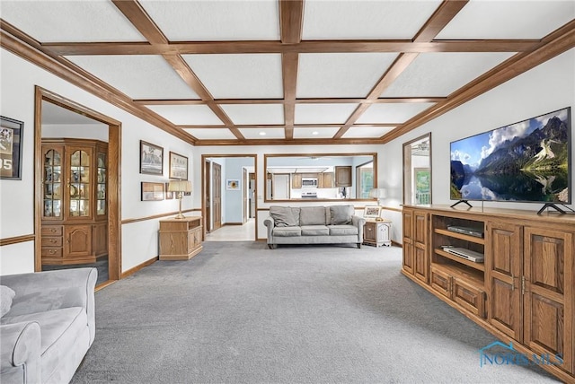 7040 Country Creek Rd, Maumee, OH 43537 - living room featuring carpet floors, coffered ceiling, recessed lighting, and beam ceiling