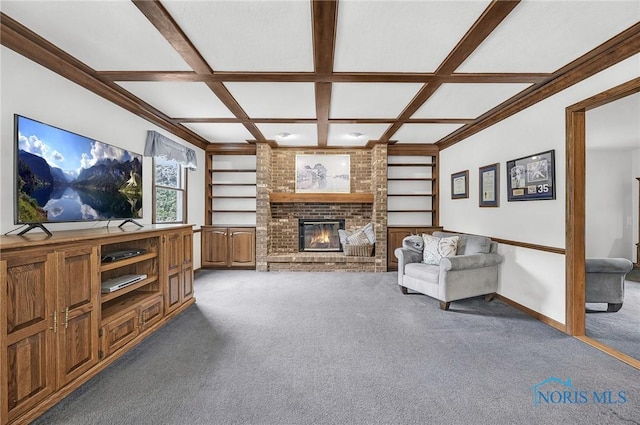 7040 Country Creek Rd, Maumee, OH 43537 - living room featuring carpet floors, built in shelves, coffered ceiling, a fireplace, and beam ceiling