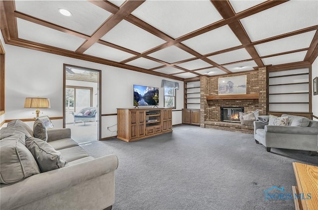 7040 Country Creek Rd, Maumee, OH 43537 - carpeted living room featuring coffered ceiling, plenty of natural light, a fireplace, built in features, and beam ceiling