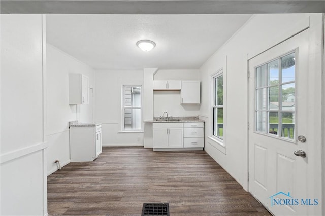2336 Caledonia St, Toledo, OH 43605 - kitchen with dark wood-type flooring, white cabinetry, and light countertops
