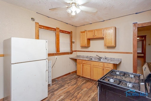 433 Islington St, Toledo, OH 43610 - kitchen featuring freestanding refrigerator, black range with gas stovetop, dark wood-style flooring, ceiling fan, and light brown cabinets