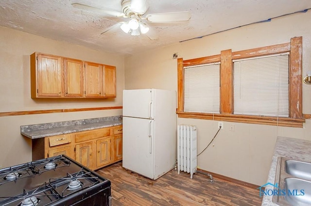 433 Islington St, Toledo, OH 43610 - kitchen featuring freestanding refrigerator, radiator heating unit, black gas range, dark wood-style floors, and a ceiling fan