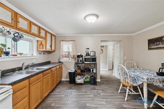 422 Eben Ave, Findlay, OH 45840 - kitchen with stainless steel microwave, crown molding, range, light wood-style floors, and a textured ceiling