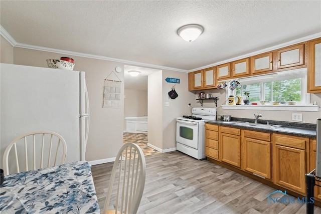 422 Eben Ave, Findlay, OH 45840 - kitchen featuring white appliances, ornamental molding, a textured ceiling, dark countertops, and light wood-style floors