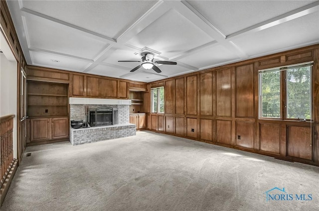 1626 Woodstream Rd, Perrysburg, OH 43551 - unfurnished living room with coffered ceiling, a ceiling fan, a brick fireplace, light colored carpet, and a decorative wall