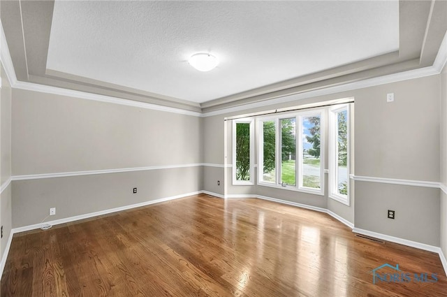 1626 Woodstream Rd, Perrysburg, OH 43551 - spare room featuring a tray ceiling, wood finished floors, ornamental molding, and a textured ceiling