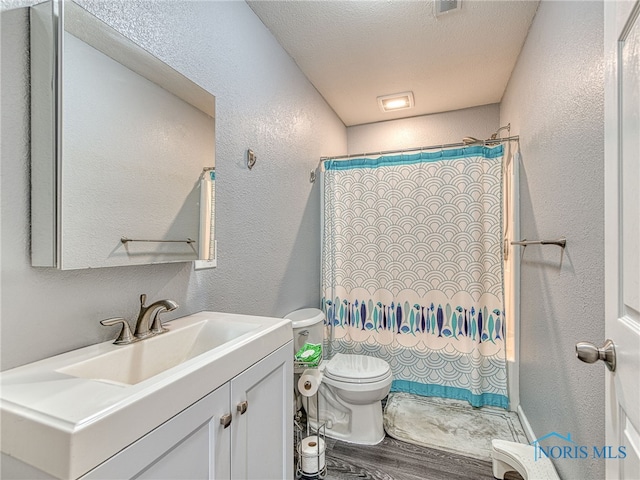 5161 Langham Dr, Sylvania, OH 43560 - full bathroom with a textured wall, wood finished floors, vanity, and a shower with shower curtain