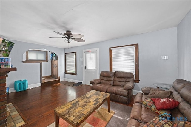 4128 Douglas Rd, Toledo, OH 43613 - living room with ceiling fan, wood finished floors, and arched walkways