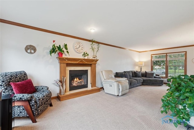 2393 Woods Edge Rd, Perrysburg, OH 43551 - living room featuring carpet, crown molding, and a glass covered fireplace