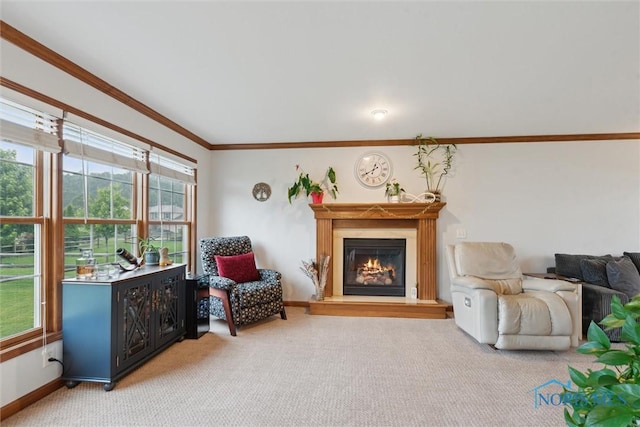 2393 Woods Edge Rd, Perrysburg, OH 43551 - living room featuring light colored carpet, a glass covered fireplace, and ornamental molding