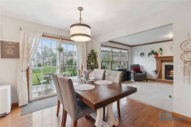 2393 Woods Edge Rd, Perrysburg, OH 43551 - dining room with healthy amount of natural light, wood-type flooring, and a lit fireplace