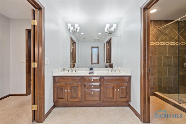 7106 Country Creek Rd, Maumee, OH 43537 - full bathroom with a stall shower, a chandelier, double vanity, and recessed lighting