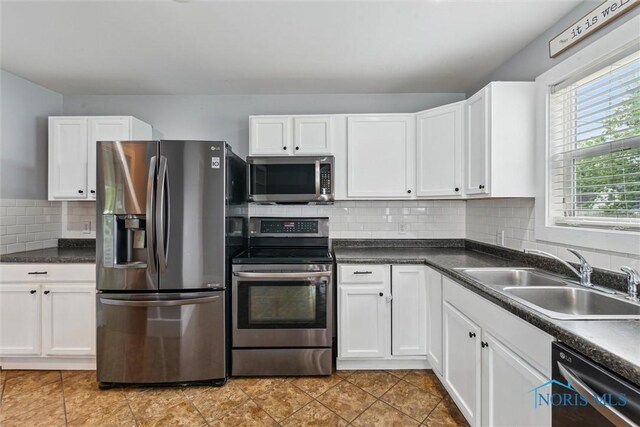 108 Western Ave, Findlay, OH 45840 - kitchen with stainless steel appliances, white cabinetry, backsplash, and dark countertops