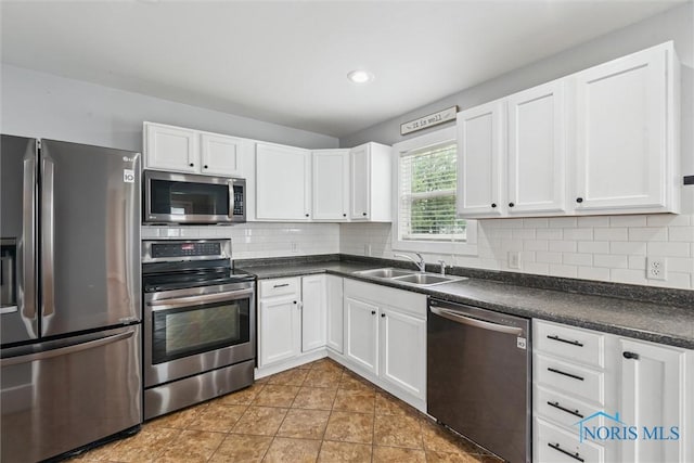 108 Western Ave, Findlay, OH 45840 - kitchen with stainless steel appliances, dark countertops, white cabinets, tasteful backsplash, and recessed lighting