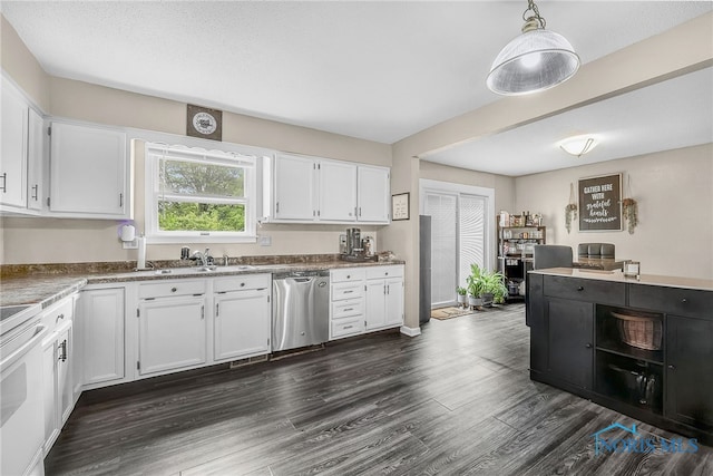 616 Normandie Blvd, Bowling Green, OH 43402 - kitchen featuring stainless steel dishwasher, white cabinetry, range, and dark wood finished floors