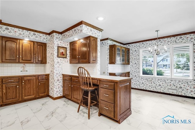 3998 W Bancroft St, Ottawa Hills, OH 43606 - kitchen featuring ornamental molding, wallpapered walls, a chandelier, light marble finish floors, and a peninsula