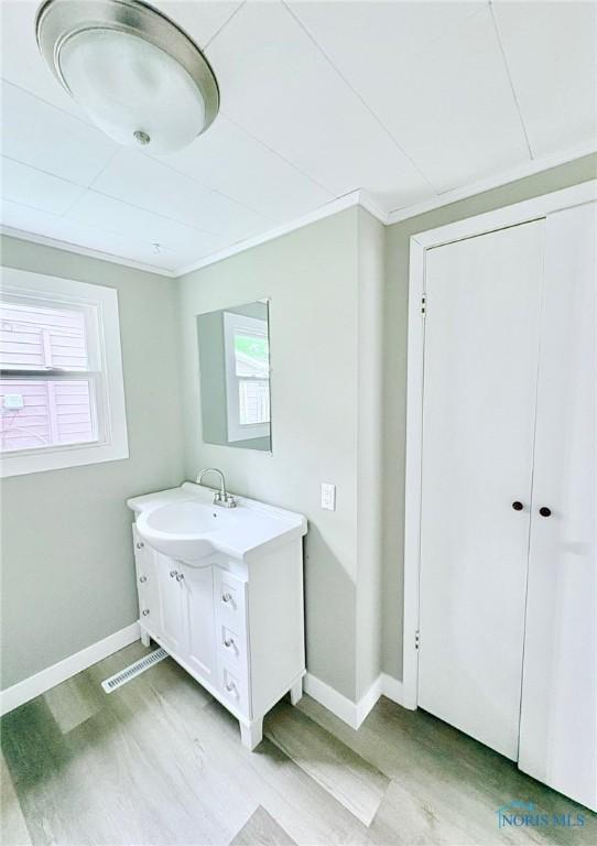 127 W Maumee Ave, Napoleon, OH 43545 - bathroom with vanity, wood finished floors, plenty of natural light, and crown molding