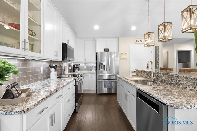 4825 Sylvan Prairie Ct, Sylvania, OH 43560 - kitchen with appliances with stainless steel finishes, tasteful backsplash, white cabinets, dark wood-style floors, and recessed lighting