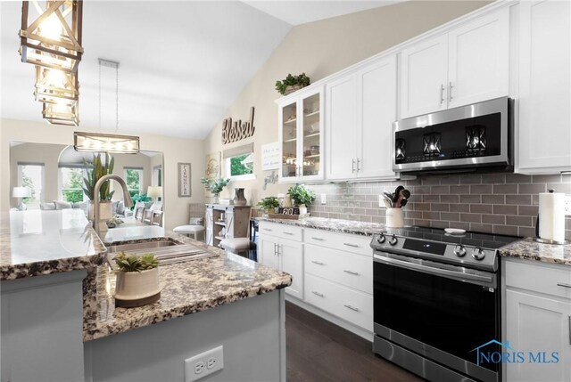 4825 Sylvan Prairie Ct, Sylvania, OH 43560 - kitchen with stainless steel appliances, lofted ceiling, light stone countertops, and white cabinetry