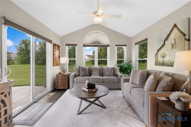 4825 Sylvan Prairie Ct, Sylvania, OH 43560 - living room featuring lofted ceiling, ceiling fan, and wood finished floors