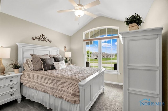 4825 Sylvan Prairie Ct, Sylvania, OH 43560 - bedroom featuring dark carpet, lofted ceiling, and ceiling fan