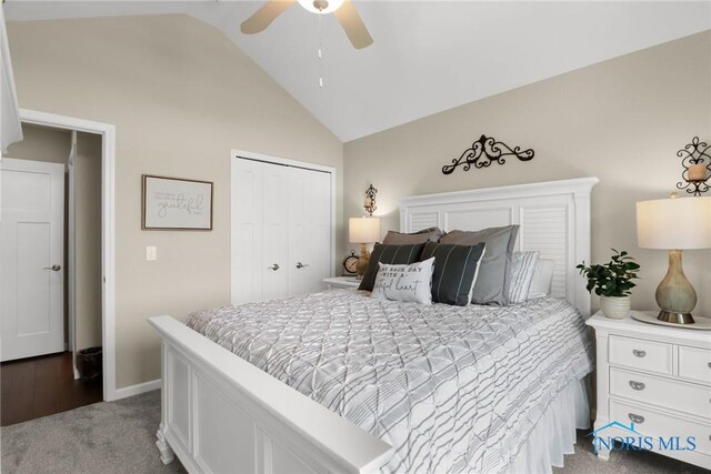 4825 Sylvan Prairie Ct, Sylvania, OH 43560 - carpeted bedroom with lofted ceiling, a closet, and a ceiling fan