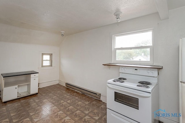 5712 Rambo Ln, Toledo, OH 43623 - kitchen featuring white appliances, a baseboard heating unit, a textured ceiling, and vaulted ceiling