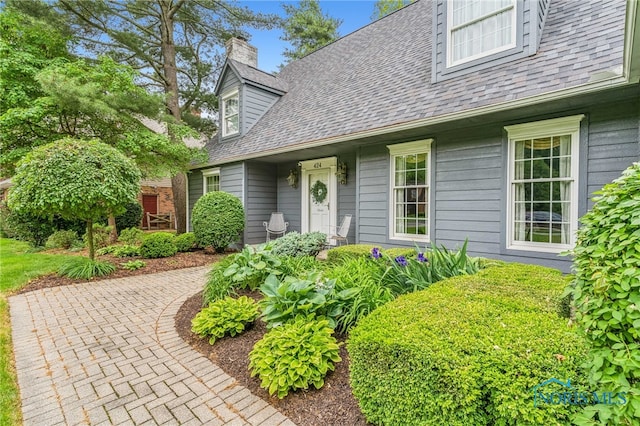 424 Lynshire Ln, Findlay, OH 45840 - view of exterior entry with a chimney and a shingled roof