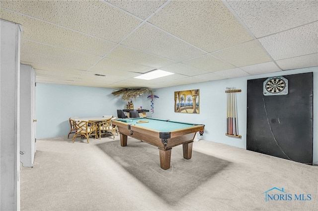 772 Fairway Ln, Wauseon, OH 43567 - rec room featuring carpet flooring, a paneled ceiling, and billiards table
