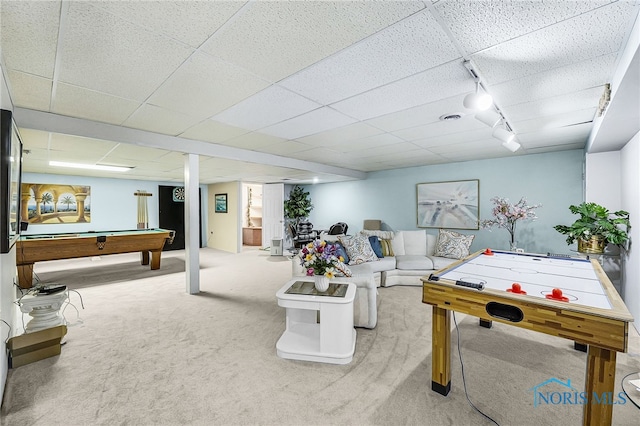 772 Fairway Ln, Wauseon, OH 43567 - recreation room with carpet, pool table, track lighting, and a drop ceiling
