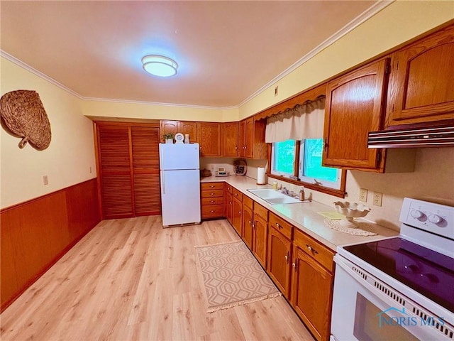 237 Pontious Pl, Napoleon, OH 43545 - kitchen featuring white appliances, brown cabinets, light countertops, ornamental molding, and wainscoting