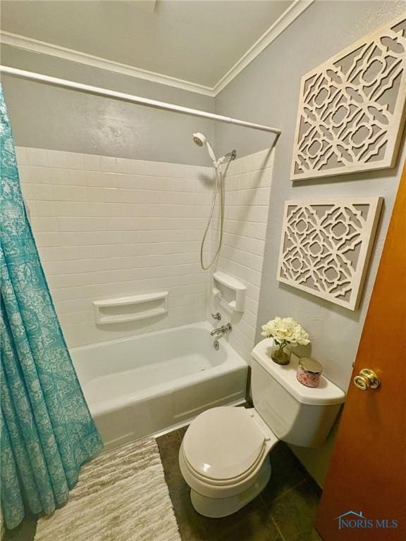 237 Pontious Pl, Napoleon, OH 43545 - bathroom featuring shower / bathtub combination with curtain, ornamental molding, and tile patterned flooring