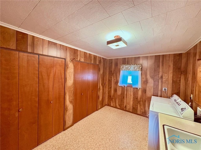 237 Pontious Pl, Napoleon, OH 43545 - washroom with independent washer and dryer, wooden walls, and ornamental molding
