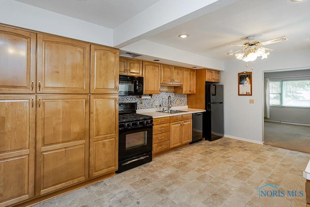 564 Southfield Dr, Maumee, OH 43537 - kitchen featuring black appliances, tasteful backsplash, light countertops, ceiling fan, and recessed lighting