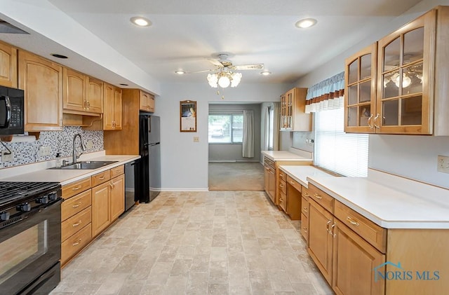 564 Southfield Dr, Maumee, OH 43537 - kitchen with black appliances, ceiling fan, backsplash, light countertops, and recessed lighting