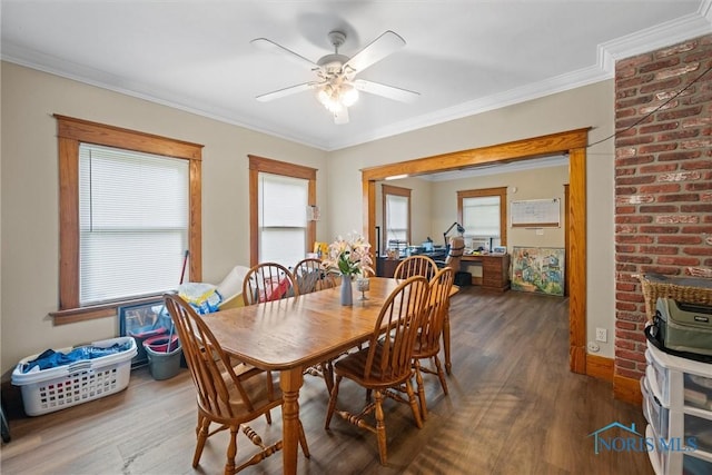 1930 Berkshire Pl, Toledo, OH 43613 - dining room featuring plenty of natural light, wood finished floors, ceiling fan, crown molding, and a wood stove