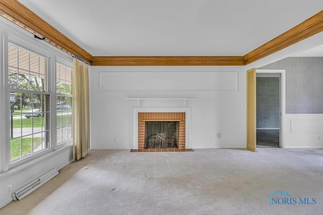3733 Shamrock Dr, Toledo, OH 43615 - unfurnished living room with carpet floors and a brick fireplace