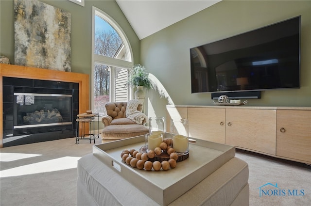 3862 Ravine Hollow Ct, Maumee, OH 43537 - living room featuring carpet flooring, a tile fireplace, and high vaulted ceiling