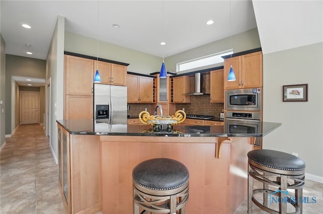 3862 Ravine Hollow Ct, Maumee, OH 43537 - kitchen featuring appliances with stainless steel finishes, decorative backsplash, wall chimney range hood, a kitchen breakfast bar, and recessed lighting