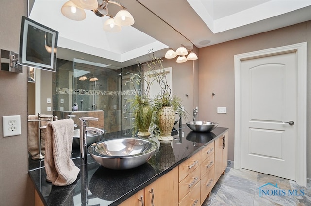 3862 Ravine Hollow Ct, Maumee, OH 43537 - full bath featuring a shower stall, double vanity, and a chandelier
