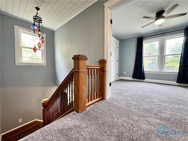 716 Davidson St, Defiance, OH 43512 - staircase featuring carpet, crown molding, wooden ceiling, and ceiling fan