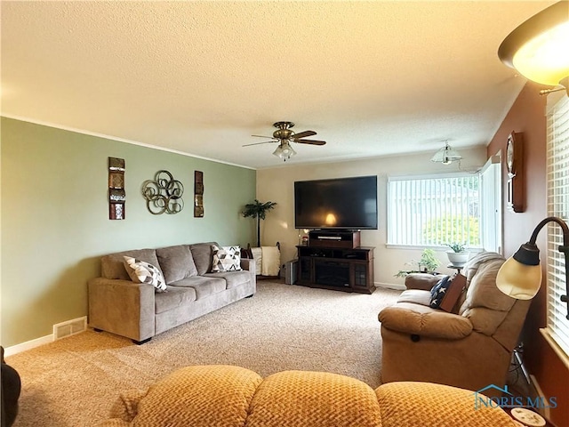 703 College Ave, Fostoria, OH 44830 - carpeted living room featuring a textured ceiling and ceiling fan