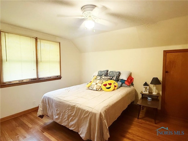 703 College Ave, Fostoria, OH 44830 - bedroom with wood finished floors, lofted ceiling, and a ceiling fan