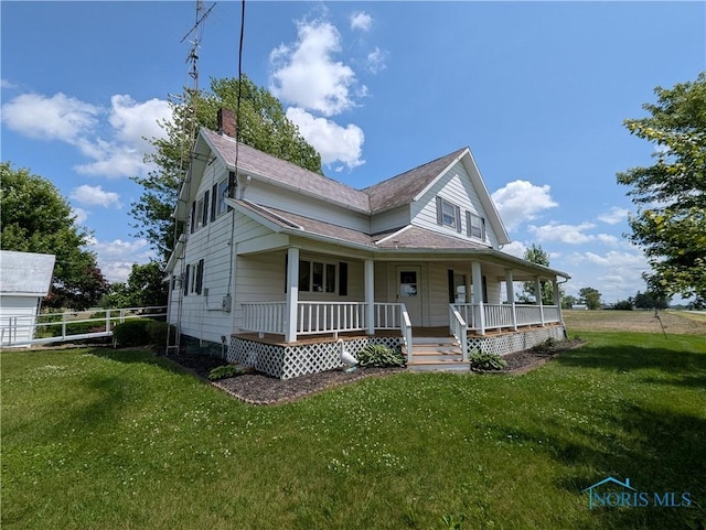 6151 The Bend Rd, Ney, OH 43549 - farmhouse inspired home featuring covered porch, a shingled roof, and a chimney